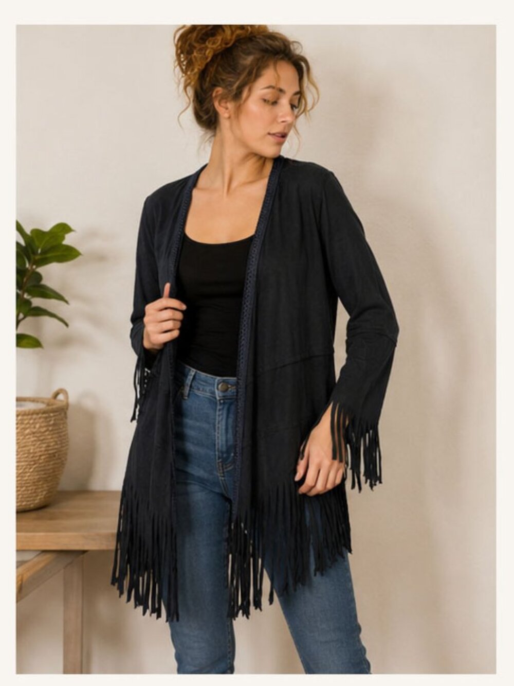 New Boho Fringe Suede Top Jacket | Open Front Faux Suede Cardigan | Boutique